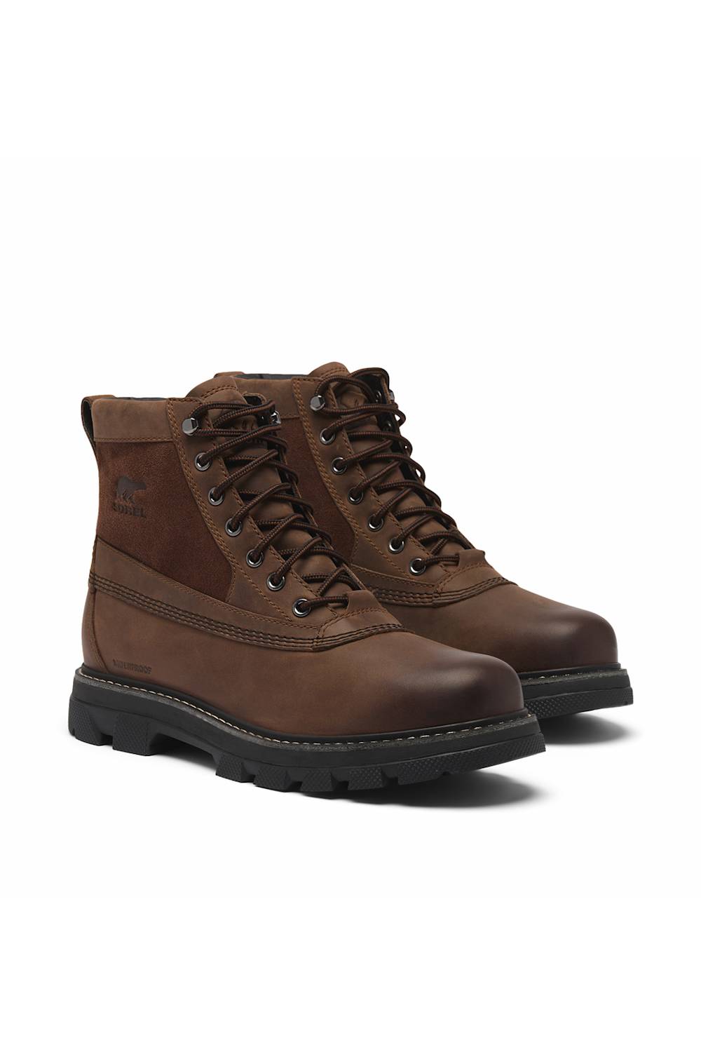 A pair of brown leather lace-up work boots with black soles, displayed on a clean white background.