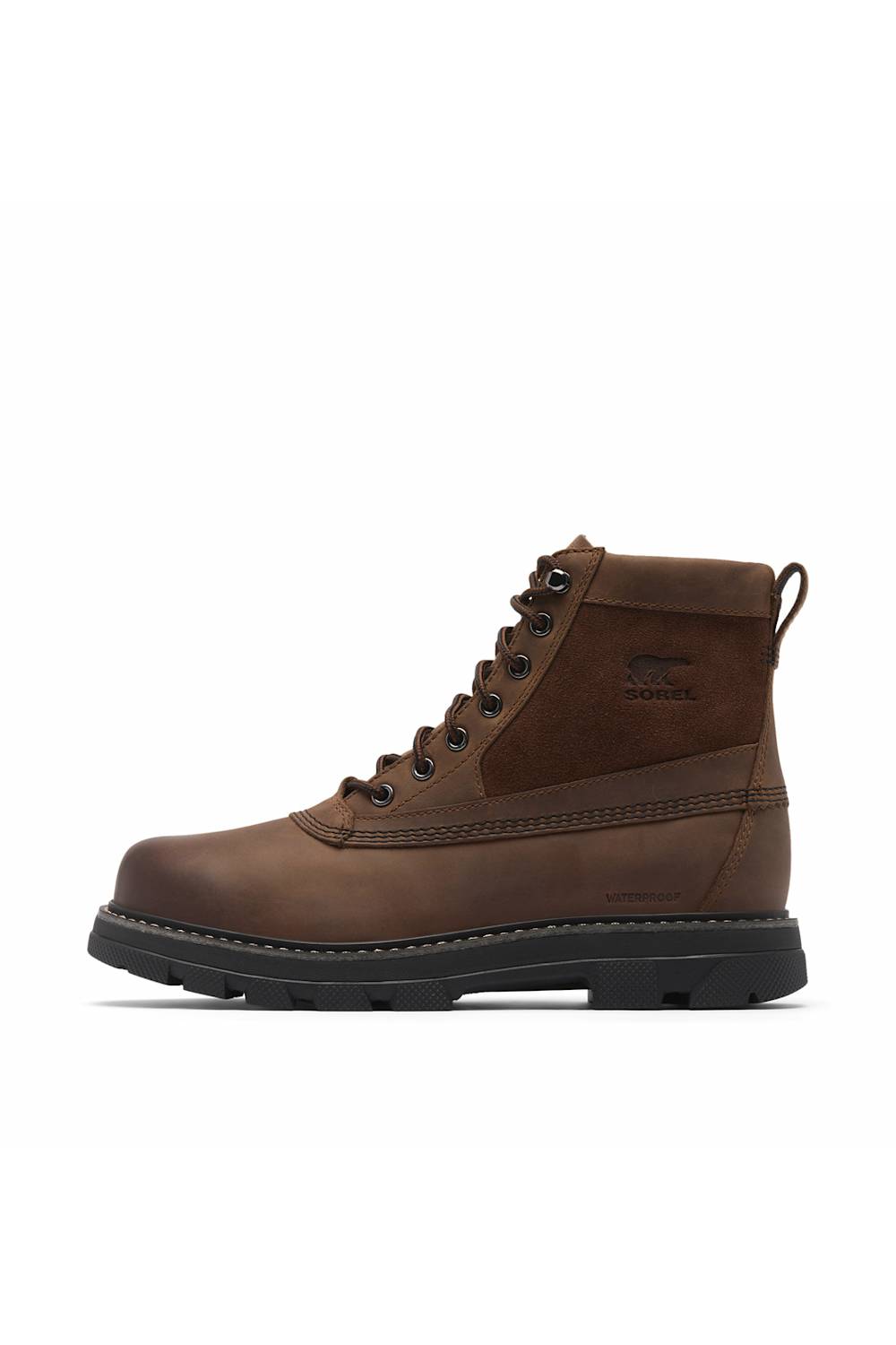 A brown leather lace-up work boot with a black sole, shown in a side profile on a white background.
