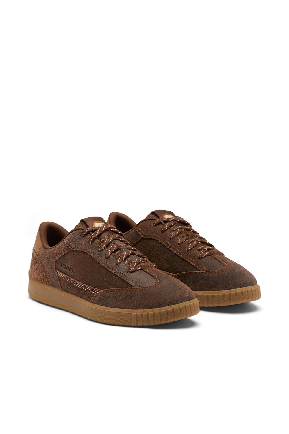 A pair of brown suede and leather low-top sneakers with matching brown laces and gum soles, displayed on a clean white background.