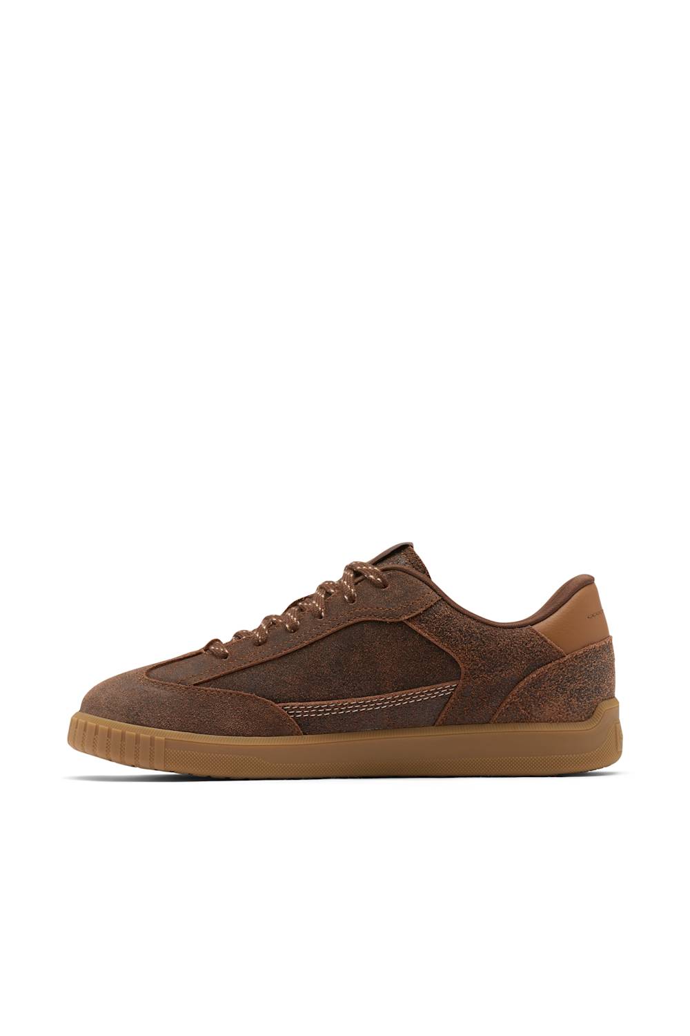 A low-top brown suede sneaker with matching brown laces and a gum rubber sole, shown in a side profile on a white background.