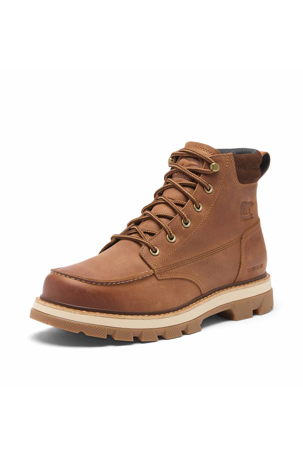 A brown leather lace-up work boot with a thick beige and brown lug sole, shown from a three-quarters angle on a white background.