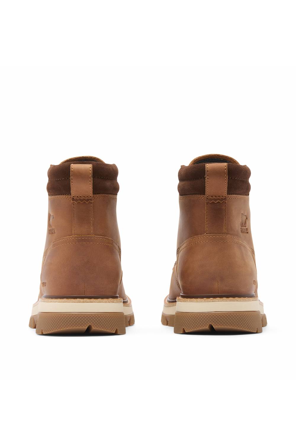 A pair of brown leather ankle boots shown from the back, featuring a tan midsole and pull tabs, set against a plain white background.
