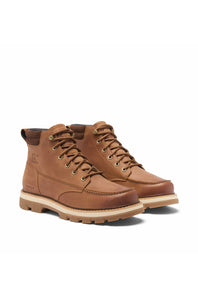 A pair of men's mid-cut brown leather lace-up boots with tan soles, displayed on a clean white background.