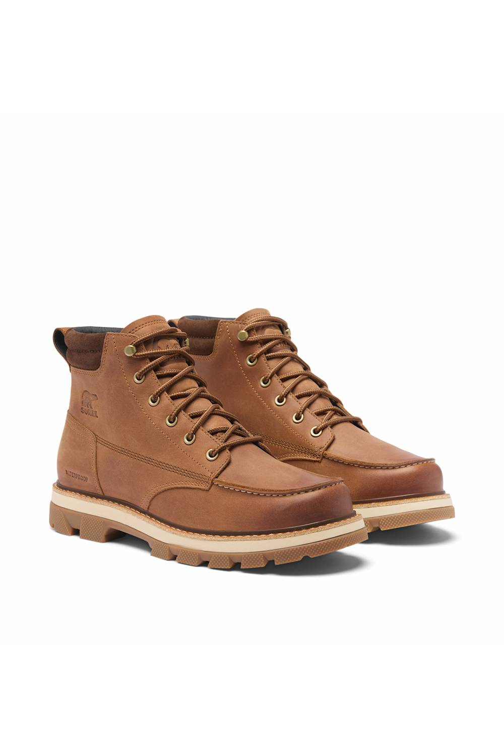 A pair of men's mid-cut brown leather lace-up boots with tan soles, displayed on a clean white background.