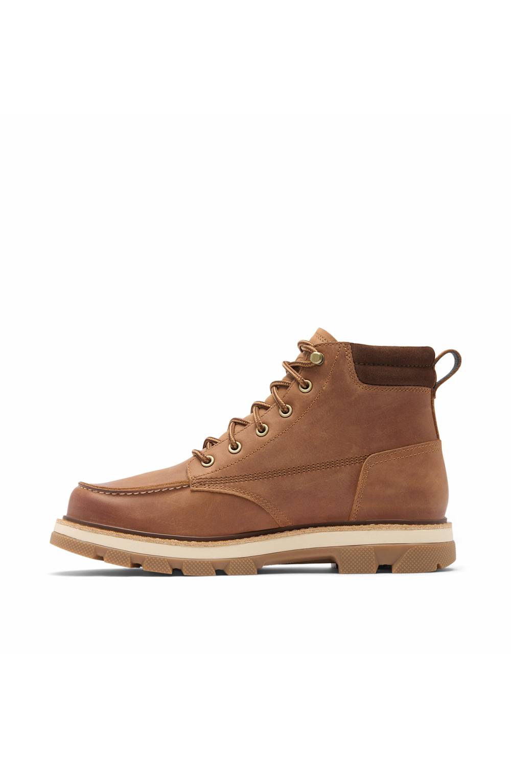 A single brown leather lace-up ankle boot with a tan sole, shown in a side profile view against a plain white background.