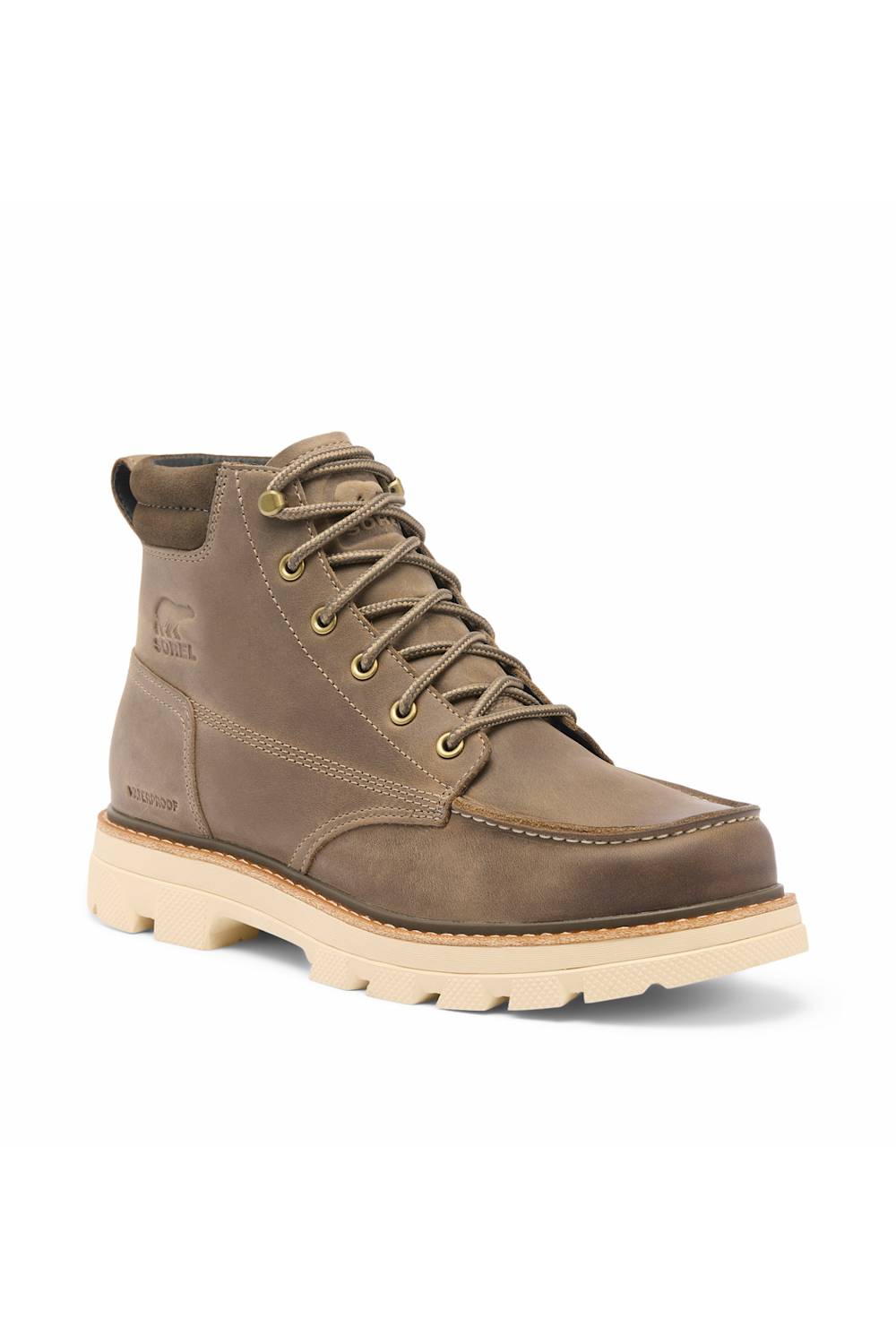 A single brown leather lace-up boot with a thick beige sole, shown from a three-quarters angle on a white background.