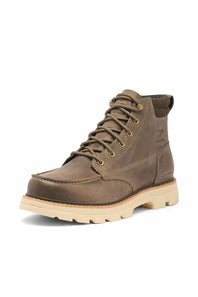 A single mid-cut lace-up boot in brown leather with a beige sole, shown from a three-quarters angle on a white background.