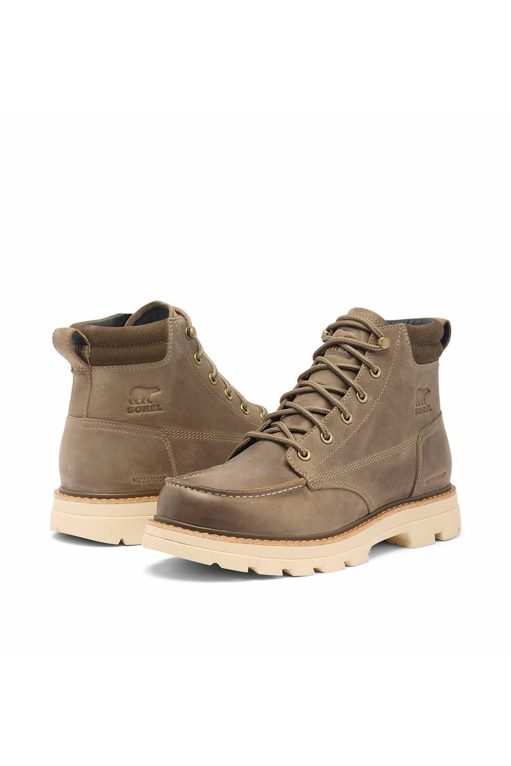 A pair of men's mid-calf lace-up boots in a warm taupe-brown leather, featuring a thick beige lug sole and a small embossed logo on the side and heel.