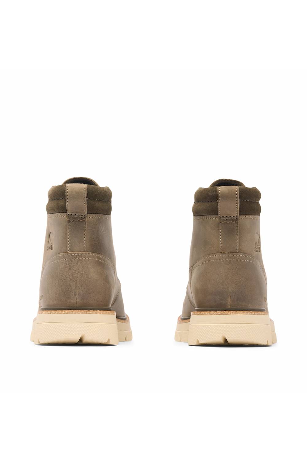 A pair of men's mid-calf boots shown from the back, featuring a textured taupe-brown leather upper and a thick beige sole, set against a plain white background.