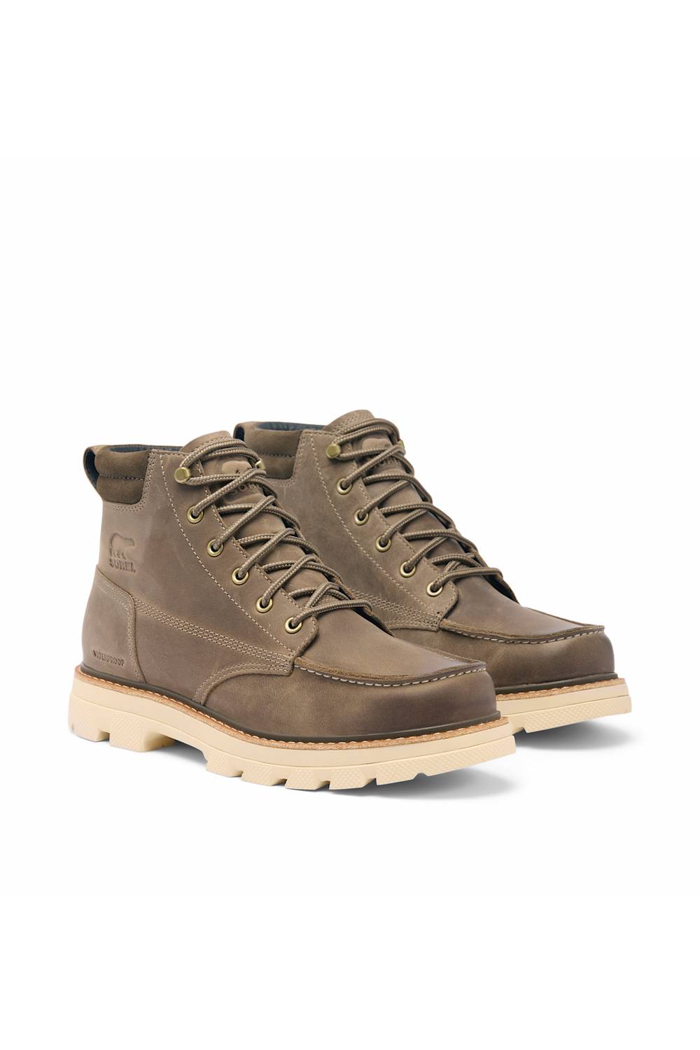 A pair of brown suede lace-up boots with beige soles, displayed on a clean white background.