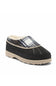 A single slip-on mule shoe with a black suede-like upper, a cream-colored sole, and a plaid patterned collar with white faux-fur lining, shown on a plain white background.