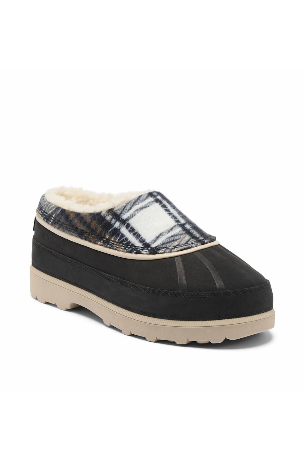 A single slip-on mule shoe with a black suede-like upper, a cream-colored sole, and a plaid patterned collar with white faux-fur lining, shown on a plain white background.