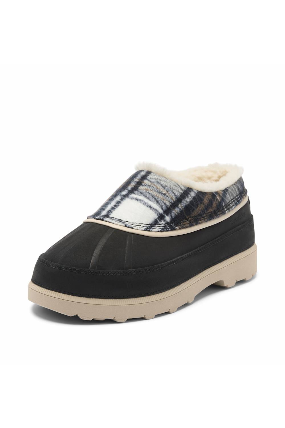 A single women's slip-on slipper shoe shown from a three-quarters angle on a white background. The slipper features a black suede-like toe and upper, a plaid patterned collar in black, white, and blue, a cream-colored faux-fur lining, and a beige sole.