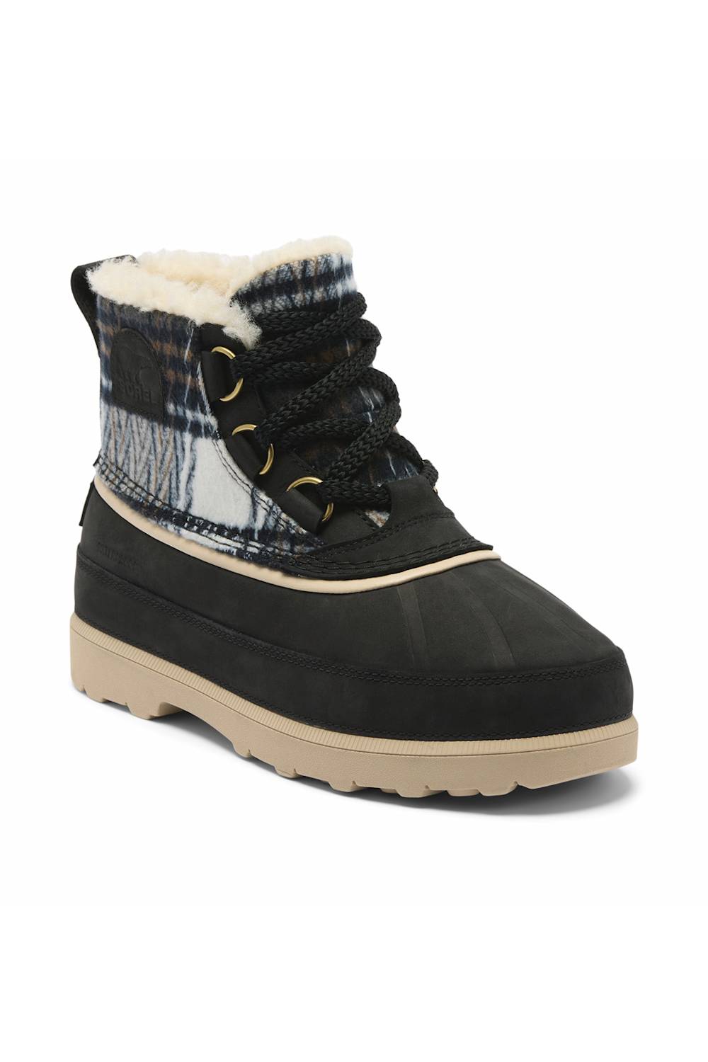 A single mid-calf winter boot with a black suede-like toe and laces, a plaid collar in blue, white, and black, a cream sherpa lining, and a beige sole, shown on a white background.