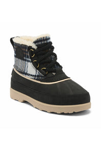 A single mid-calf winter boot with a black suede-like toe and laces, a plaid collar in blue, white, and black, a cream sherpa lining, and a beige sole, shown on a white background.