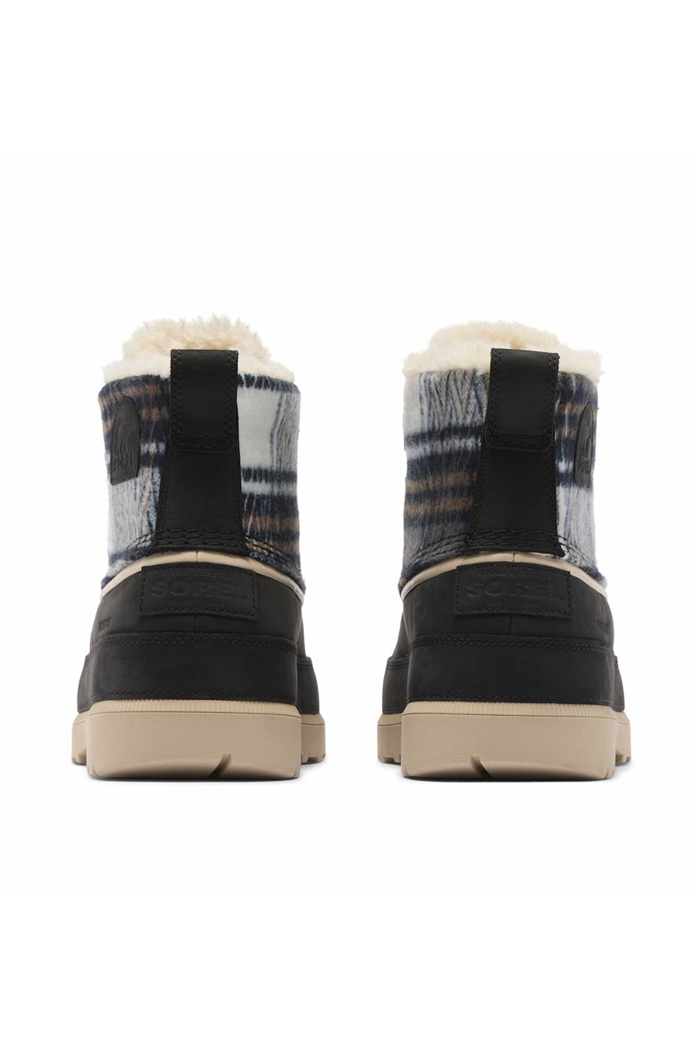 A pair of women's mid-calf winter boots shown from the back, featuring a black suede-like lower section, a plaid patterned upper with cream shearling lining, and beige soles.