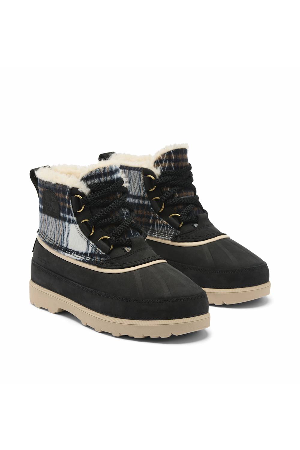 A pair of winter lace-up boots with a black suede-like toe and heel, a plaid patterned collar, and a soft white faux-fur lining, set against a plain white background.