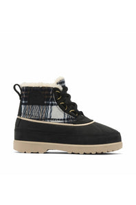 A single black leather chukka  boot shoe with flannel detailing, shown from a side profile on a clean white background.