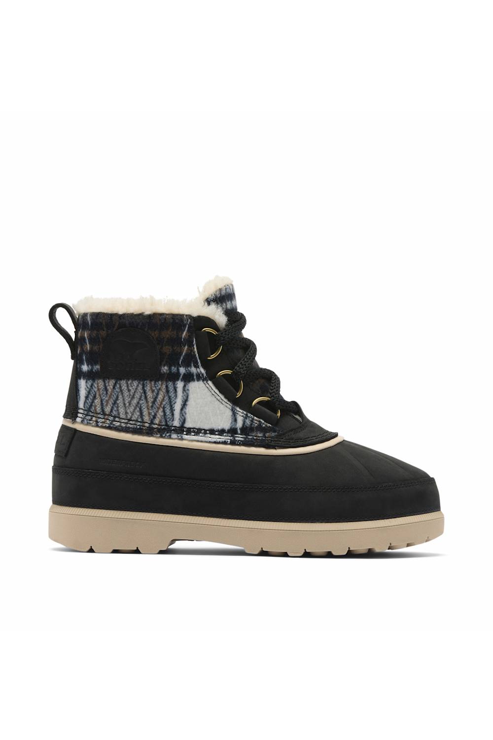 A single black leather chukka  boot shoe with flannel detailing, shown from a side profile on a clean white background.