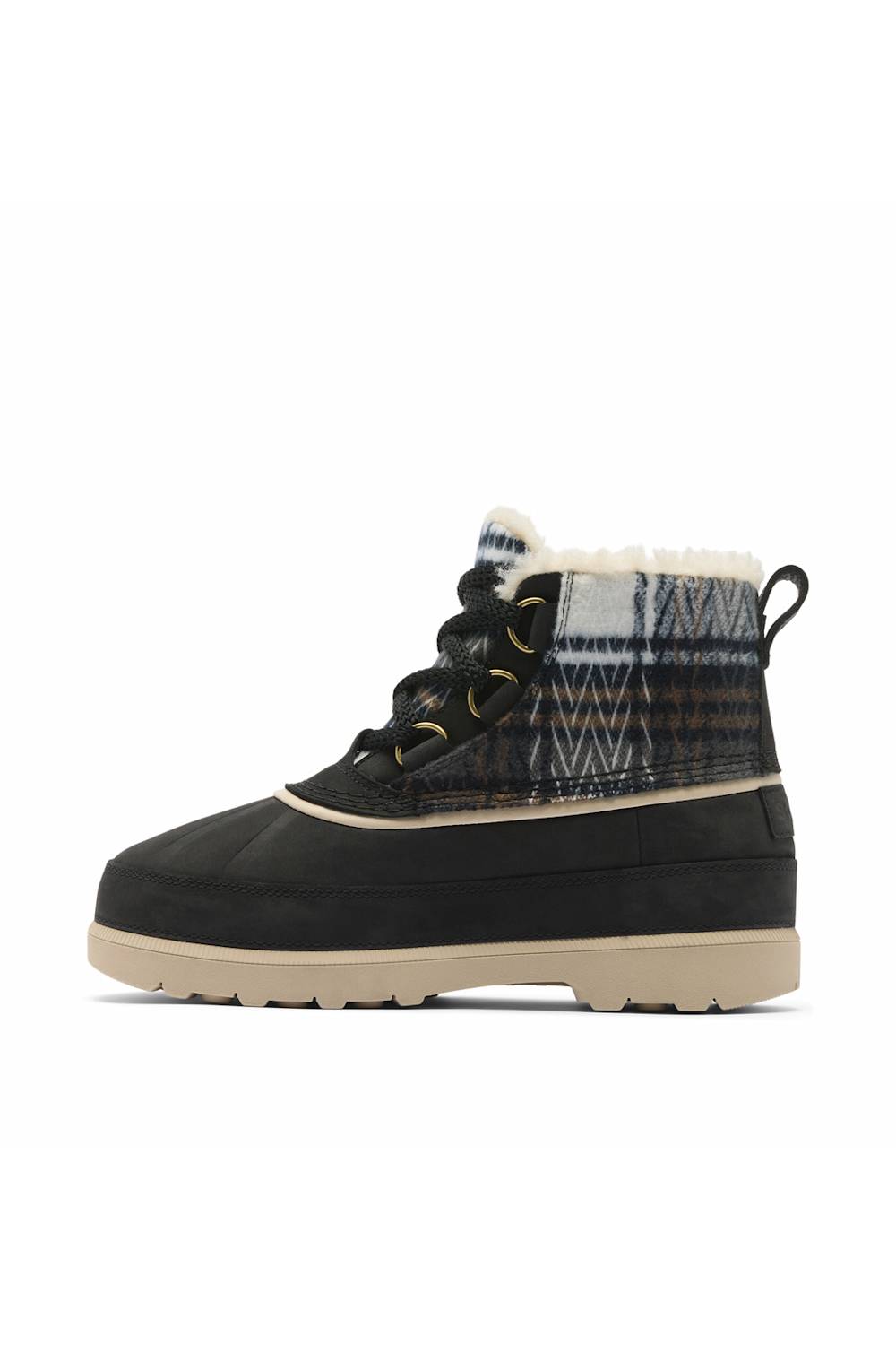 A single winter lace-up boot shown in profile against a plain white background. The boot features a black suede-like toe and heel, a patterned knit collar in blue, gray, and black, a cream-colored faux-fur lining, and a thick beige sole.