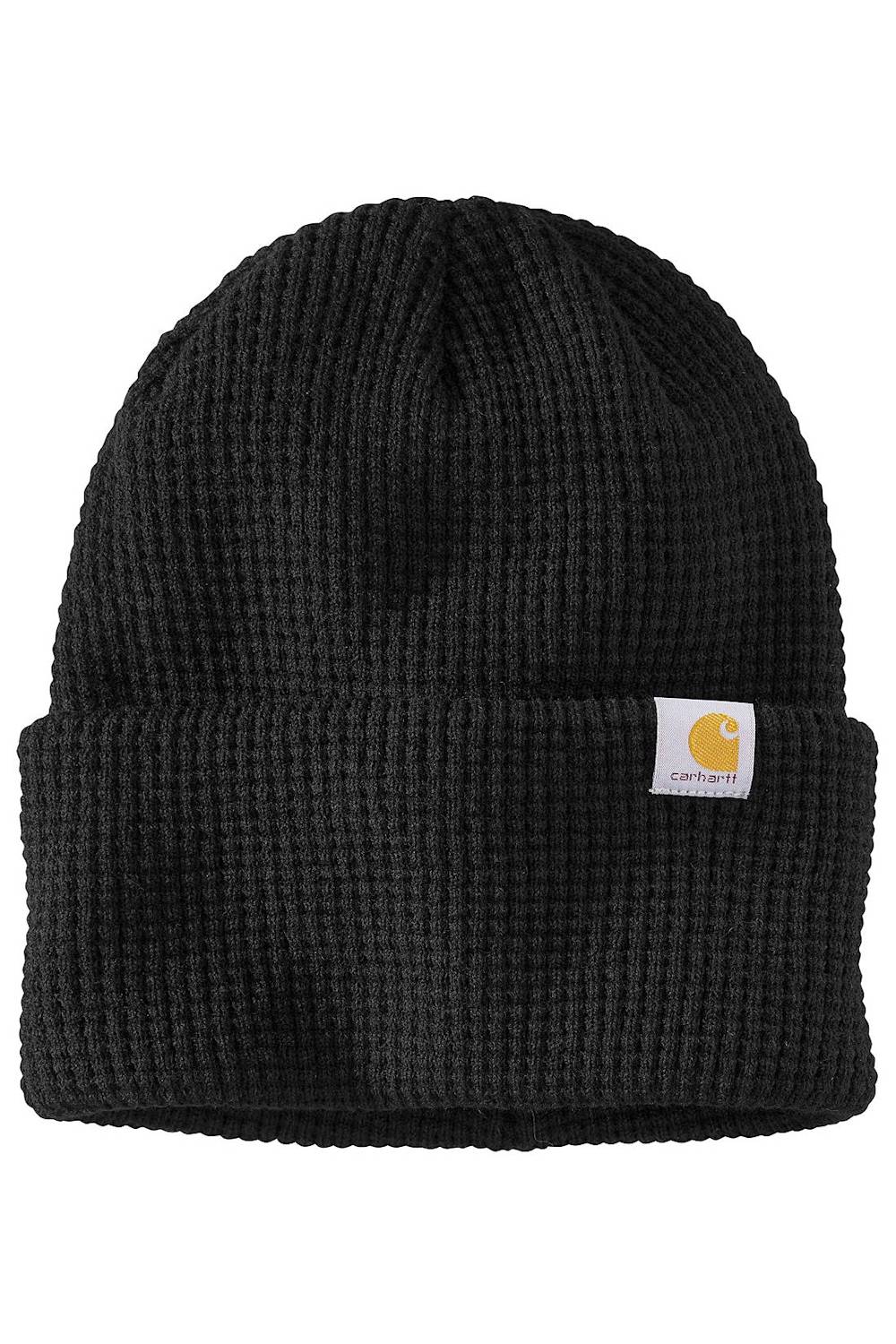 A black waffle-knit beanie hat with a folded cuff and a small white Carhartt logo patch on the side, shown against a plain white background.