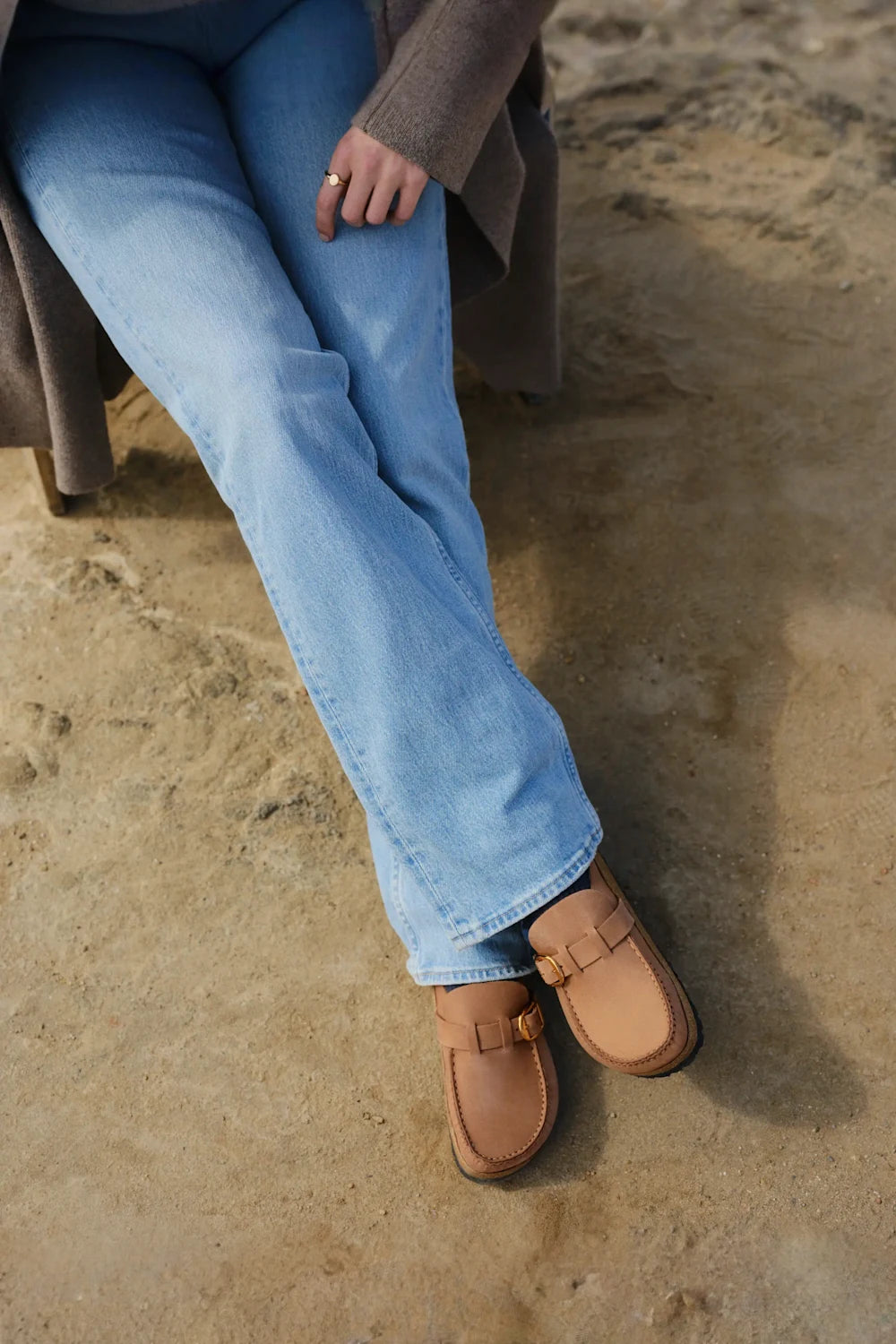 Oiled leather mule shoes with moccasin stitching 