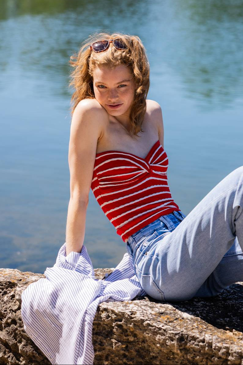 Striped Twist Front Tube Top for Women in Red/White | SWT70000