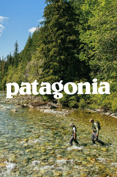 An image of green trees in a forest with blue skies and a river with rocks flowing as two people walk through it. Overtop the image is the Patagonia logo in white