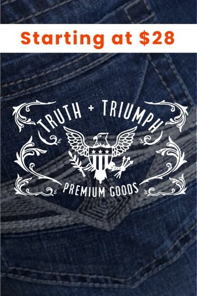 Promotional image featuring a close-up of Truth + Triumph Jeans denim with detailed stitching and the Truth + Triumph Jeans logo, with text reading Starting at $28.