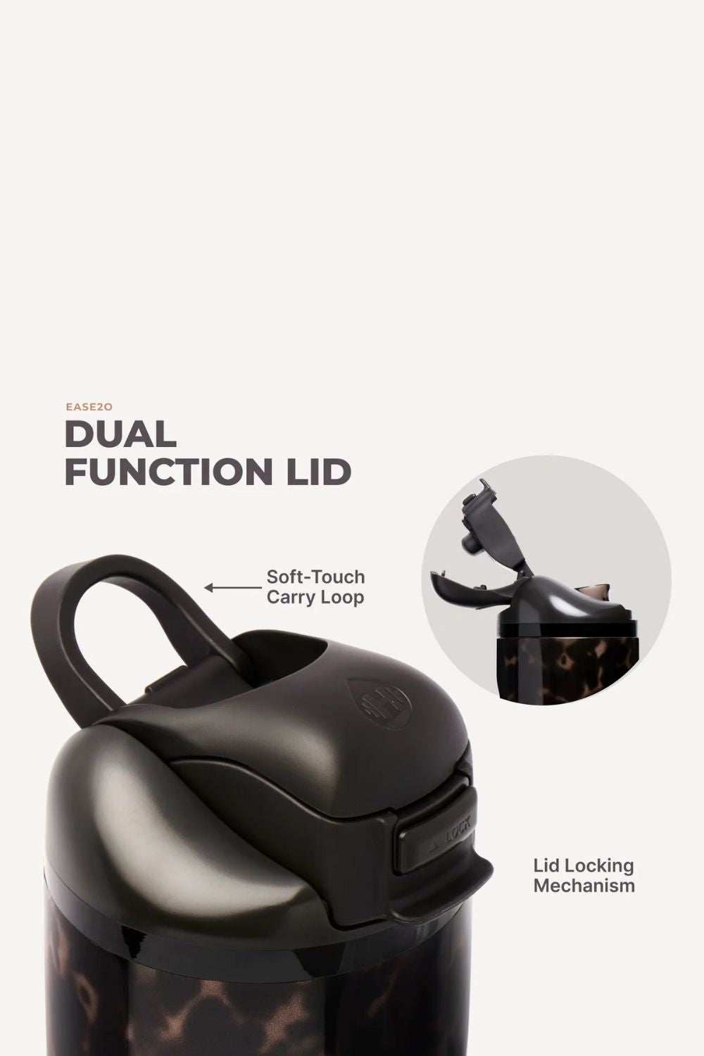 A close-up product graphic of a tumbler with a dark matte dual-function lid and a small inset showing the lid locking mechanism. Text reads 'DUAL FUNCTION LID' and labels the soft-touch carry loop and lid locking mechanism.