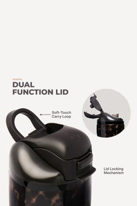 A close-up product graphic of a tumbler with a dark matte dual-function lid and a small inset showing the lid locking mechanism. Text reads 'DUAL FUNCTION LID' and labels the soft-touch carry loop and lid locking mechanism.