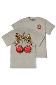 Simply Southern Youth Cherries with Leopard Bow Mineral Wash T-Shirt for Girls in Birch Tan