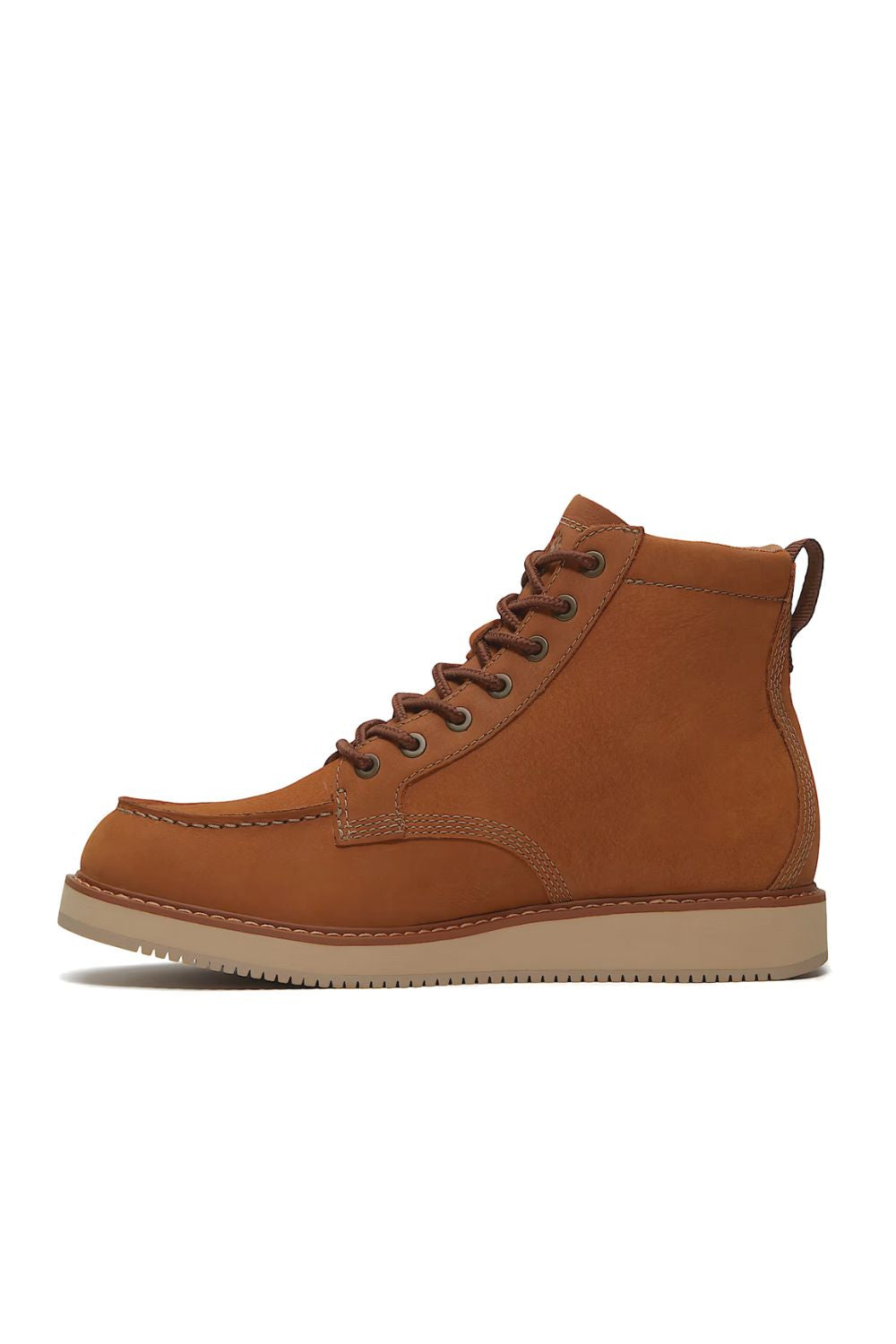 A single brown suede lace-up ankle boot with a pull tab and a thick beige sole, shown in a side profile on a white background.