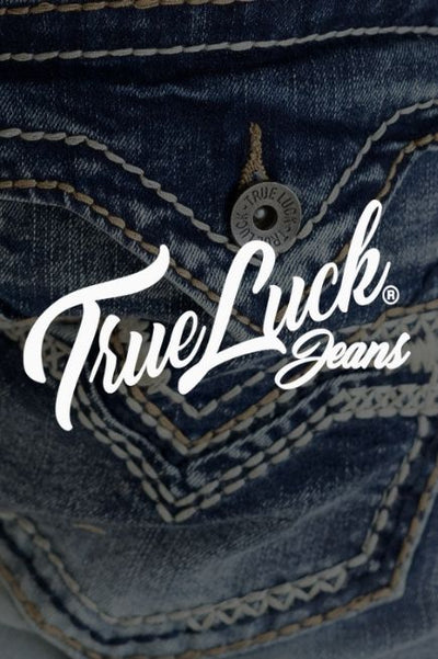 Dark image of a jeans back pocket with the True Luck Jeans brand logo in white over top