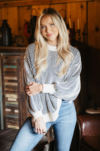 Vertical Stripe Sweater for Women in White Black
