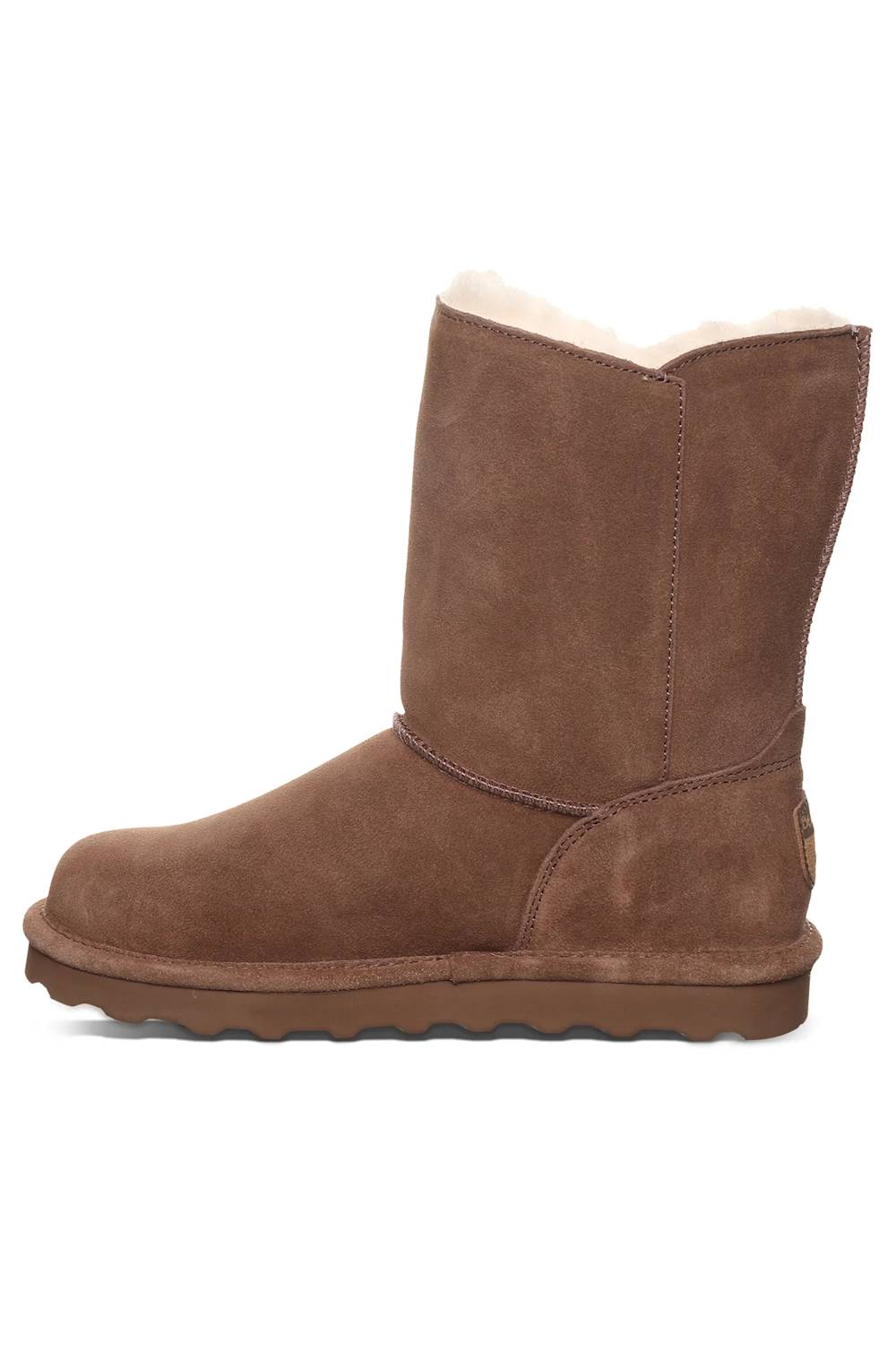 A brown suede mid-calf boot with a light beige shearling lining visible at the top, shown in a side profile on a white background.