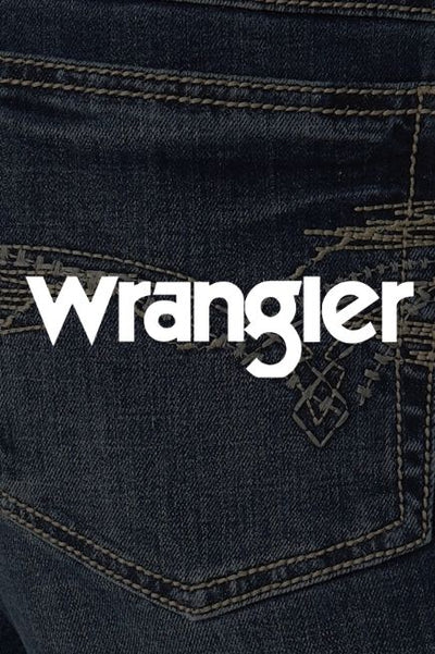 Dark image of a jeans back pocket with the Wrangler brand logo in white over top