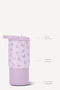 A light purple travel tumbler with a butterfly pattern on the upper half and a solid purple base, shown with callout lines and text describing its features.
