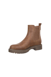 A brown leather Chelsea boot with a round toe and a thick, low stacked lug sole, shown from a side profile on a white background.