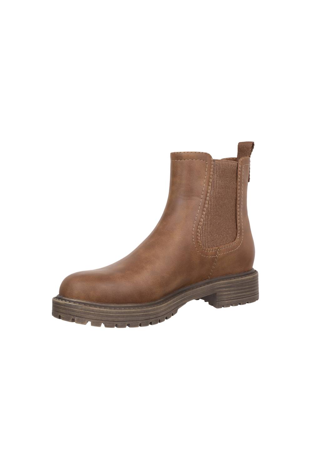 A brown leather Chelsea boot with a round toe and a thick, low stacked lug sole, shown from a side profile on a white background.
