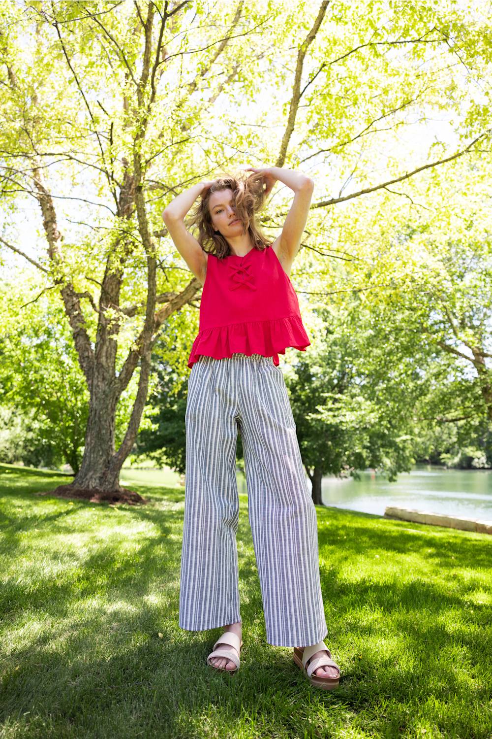 Stripe Smocked Waist Linen Pants for Women in Charcoal