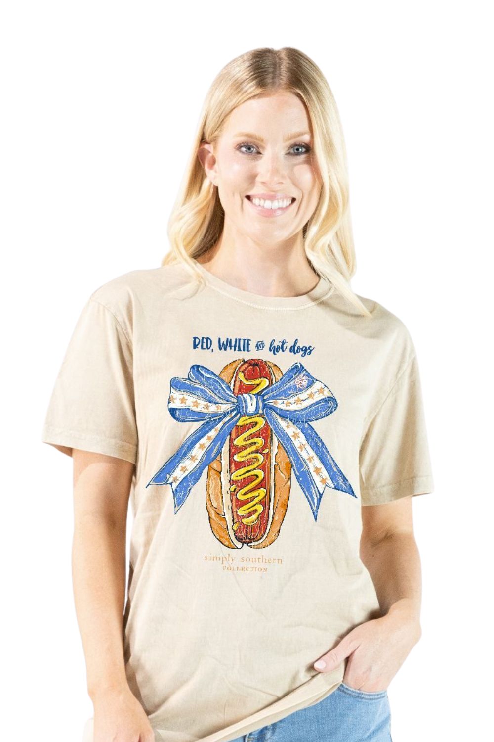 Simply Southern Youth Red White and Hot Dogs T-Shirt for Women in Bone