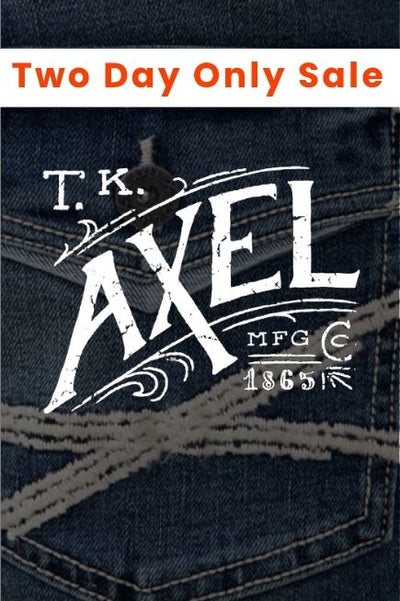 Promotional image featuring a close-up of Axel Jeans denim with detailed stitching and the Axel Jeans logo, with text reading Two Day Only Sale.