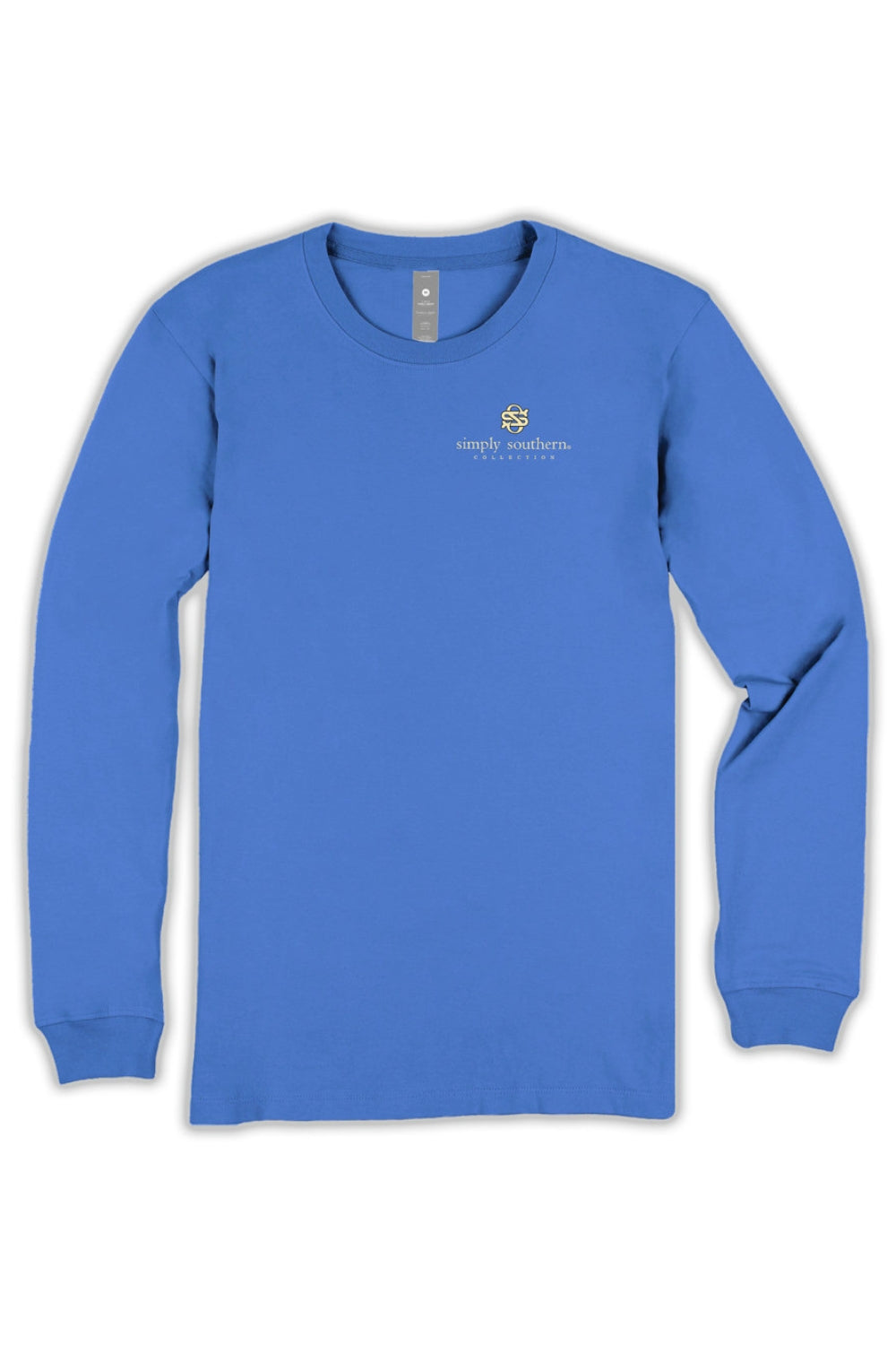 A royal blue long-sleeve crewneck t-shirt with a small yellow and white embroidered logo on the left chest, displayed flat against a white background.
