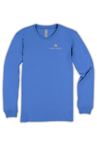 A royal blue long-sleeve crewneck t-shirt with a small yellow and white embroidered logo on the left chest, displayed flat against a white background.