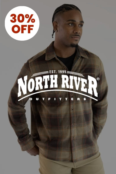 Promotional graphic with a man wearing a brown and tan plaid flannel in front of a basic background with an image overlay darkening the image. The North River logo in white is in the center of the image and a circular callout in the upper left corner that reads 30% OFF