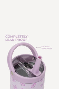 A close-up of a light purple leak-proof tumbler with butterfly patterns, featuring a swivel handle and clear straw, with text overlays on a light off-white background.