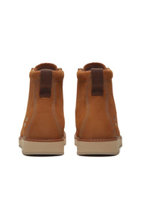 A pair of brown suede ankle boots shown from the back, featuring dark brown heel pull tabs and light beige soles, set against a plain white background.