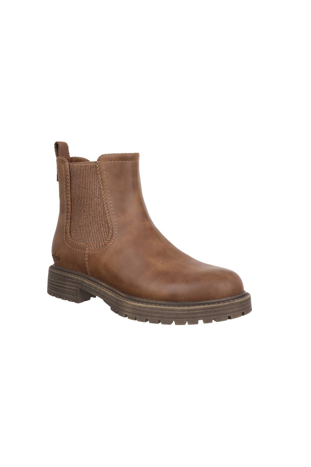 A single brown leather Chelsea boot with a textured elastic side panel and a chunky lug sole, shown from a side profile on a plain white background.