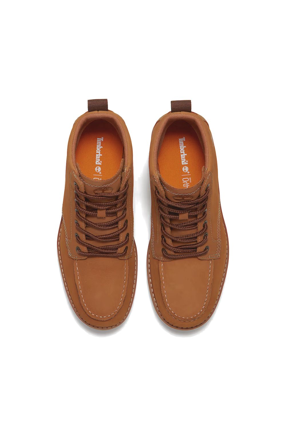 A pair of Timberland lace-up ankle boots in a warm tan-brown leather, shown from a top-down view on a white background.